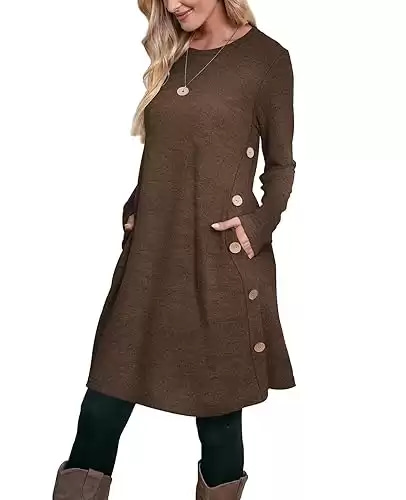 OFEEFAN Womens Long Sleeve Tunic Dres Fall Outfits with Pockets Buttons