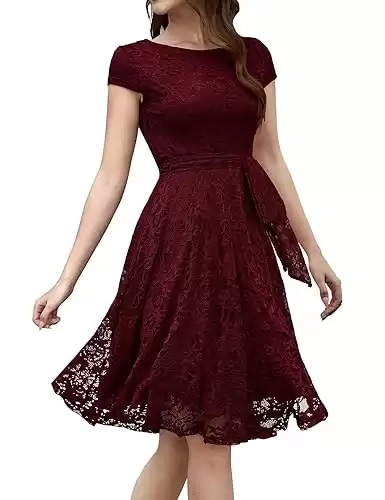 MUADRESS Women Cap-Sleeve Lace Floral Elegant Cocktail Dress Crew Neck Knee Length Bridesmaid Prom Dresses for Party