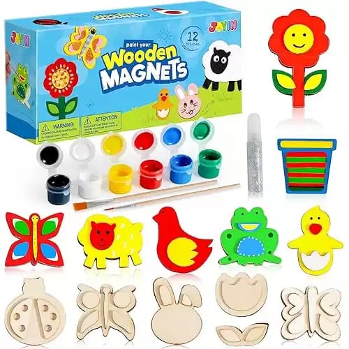 JOYIN 12 Wooden Magnet Creativity Arts & Crafts Painting Kit for Kids, Decorate Your Own Painting Gift for Easter Basket Stuffers, Birthday Parties and Family Crafts, Party Favors for Boys Girls