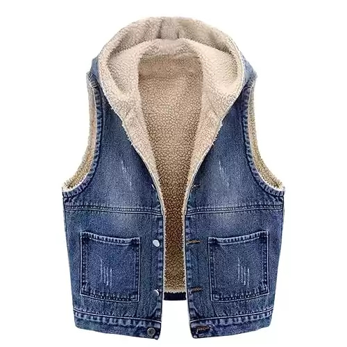 CFDRFGH Women's Fleece Lined Sleeveless Denim Jakcet Winter Causal Button Down Blue Jean Hoodie Waistcoat Vest Pockets