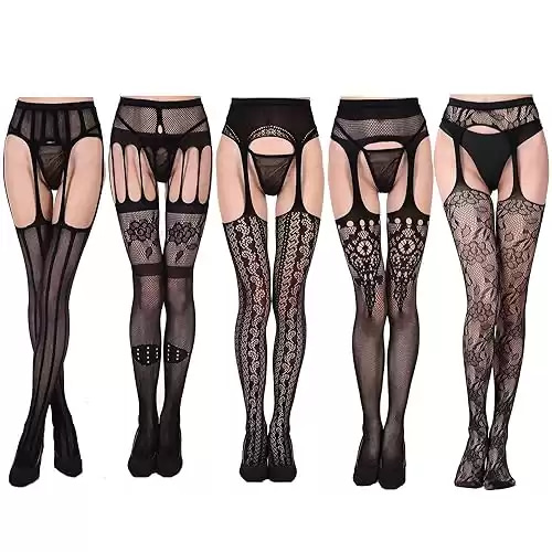 ASTARON 5 Pairs Womens Fishnet Tights,Lace Flowery Fishnets Stockings High Tights Mesh Stockings Suspender Pantyhos