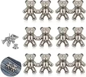 Taicols 6 Pairs Cute Bear Button Pins for Jeans No Sew & No Tools Detachable Pant Waist Tightener Adjustable Waist Buckle Extender for Jeans Waist Extender for Loose Skirt Jeans (Silver)