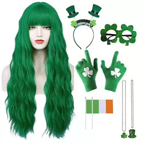 TOMOGO 8pcs Long Irish Green Wig with Accessories for Women Costume Outfit and St Patricks Day Dress Up Set