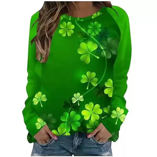 Women's St Patricks Day Shirt Fashion 2024 Lucky Shamrock Print Tops Casual Long Sleeve Crewneck Holiday Sweatshirt
