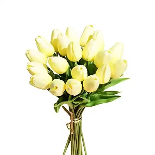 Mandy's 20pcs Fake Light Yellow Flowers Artificial Tulip Silk Flowers 13.5" for Mother's Day Easter Valentine’s Day Gifts in Bulk Home Kitchen Wedding Decorations