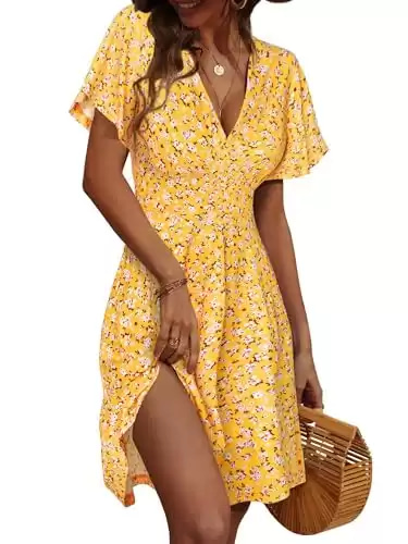 FENSACE Summer Dresses for Women 2024 Empire Waist Floral Spring Knee Length Dress(Yellow,Small)