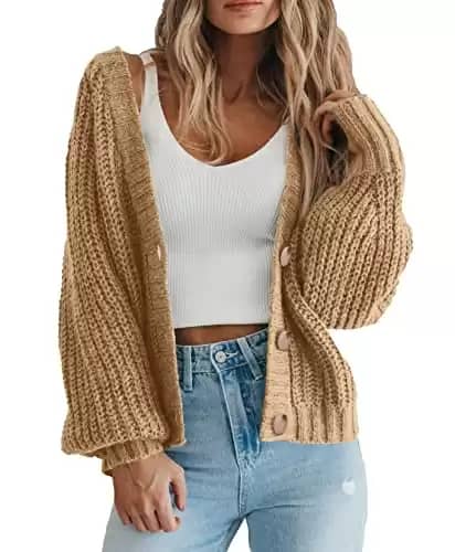 PRETTYGARDEN Long Sleeve Button Up Womens Sweaters Fall 2024 Open Front Plain Cardigans Sweaters Loose Soft Knit Coat Outerwear(Khaki,Medium)
