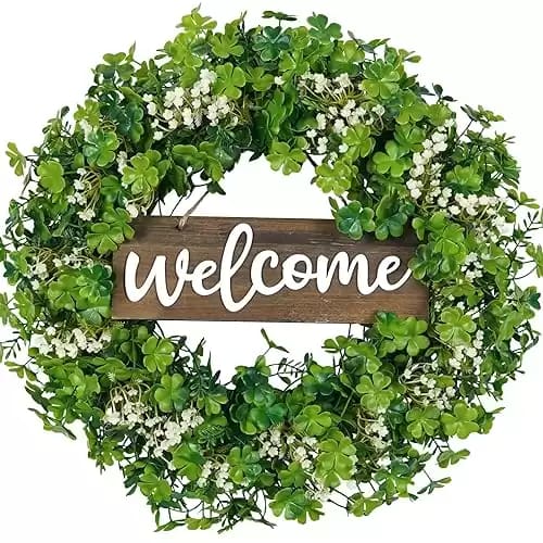 Houele St. Patrick's Day Shamrock Wreath- 17 inches Artificial Greenery Wreath, Clover Wreath White Dasiy Flower Wreath for Indoor Outdoor Party Home Decor