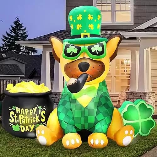 Coumy 5ft St Patrick's Day Inflatable Outdoor Decoration Giant Blow up French Bull-Dog Wearing Lucky Shamrocks Hat Sunglass with LED Lights St Patricks Day Decor Yard Garden Lawn Home Party Indoo...