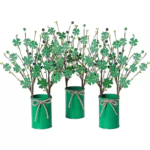 Houele Shamrock Stems St. Patrick's Day Picks -6 Pack Green Shamrock and Berry Stems with Three Green Iron Bucket,St. Patrick's Day Decorations Clover Berry Branches for Living Room Dining T...