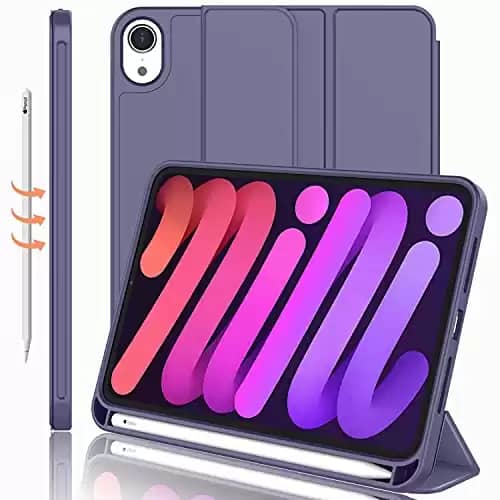 iMieet New iPad Mini 6 Case (8.3-Inch,2021 Model), iPad Mini 6th Generation Case with Pencil Holder [Support iPad 2nd Pencil Charging/Pair], Trifold Stand Smart Case with Soft TPU Back,Lavender